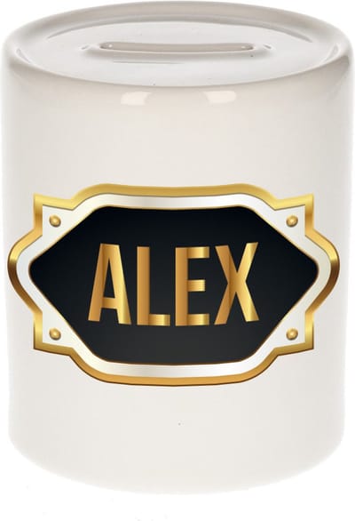 Spaarpot met voornaam Alex - wit - met goud/zwart embleem - 8 x 9 cm - keramiek - met afsluitdop - cadeau verjaardag