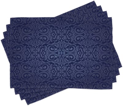 ABAKUHAUS Indigo-placematten, Victoriaanse wijnoogst – oude koninklijke tijden geïnspireerde bloemblad-wervel-motief kunstafdruk, Tiscjdeco gemaakt van kleurvast stof voor eetkamer en keuken, donkerblauw