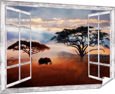 Gards Tuinposter Doorkijk Olifant in het Wild - Savanne - 180x120 cm - Tuindoek - Tuindecoratie - Wanddecoratie buiten - Tuinschilderij