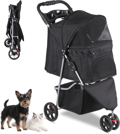 Opvouwbare kinderwagen voor huisdieren met 3 wielen en weerhoes