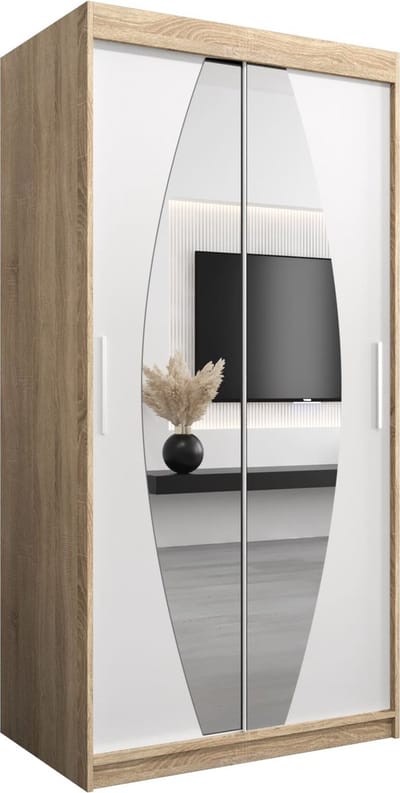InspireMe - Kledingkast met 2 schuifdeuren, Modern-stijl, Een kledingkast met planken en een spiegel (BxHxD): 100x200x62 - GLOBE 100 Sonoma Eik + Wit Mat