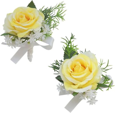 Bloemen Set - Pols Corsage Boutonniere - Feestelijke Decoratie - Handgemaakt Ontwerp - 2 Stuks - Geel