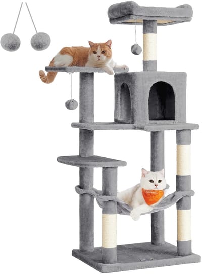 DIMICO - Krabpaal voor katten - Kattenboom - Krabtoren - Lichtgrijs - Klimboom kat - 143cm - Met zachte hangmat - 4 krabpalen