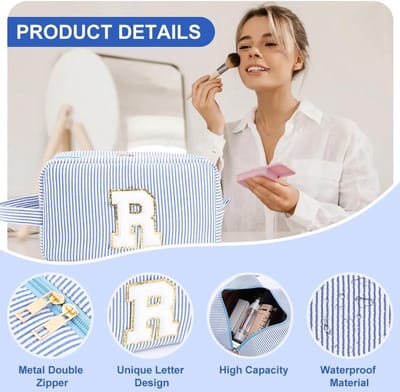 Reis Beauty Case en Cosmetica Tas in Blauw met Ribbelstructuur en Schattige Initialen, Perfect Cadeau voor Vrouwen en Vriendinnen met Inclusief Kleine Make-up Tas