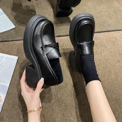 Platformloafers in Britse stijl voor dames Ronde neus Dikke zool Enkele schoenen Dames Leer Chunky hakken Schoenen Dames Mujer Q17 35 gray