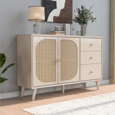 Wishdor Dressoir Met Push-To-Open Deuren En 3 Laden - PE-Rattan Front - Modern - Spaanplaat - Offwhite - 120 X 82,5 X 40 Cm