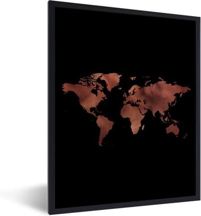 Poster in lijst - Fotolijst 30x40 cm - Posters - Wereldkaart - Rood - Zwart - Posterlijst zwart - Decoratie - Wanddecoratie woonkamer - Muurdecoratie slaapkamer