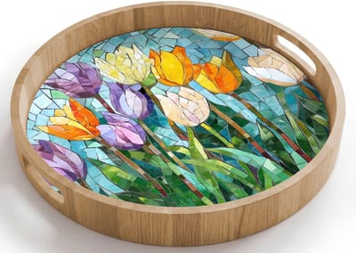 Dienblad rond 40x40 cm - Schootdienblad hout - Mozaïek - Veld - Tulpen - Kleurrijk - Borrelplank rechthoek - Plateau houten dienbladen