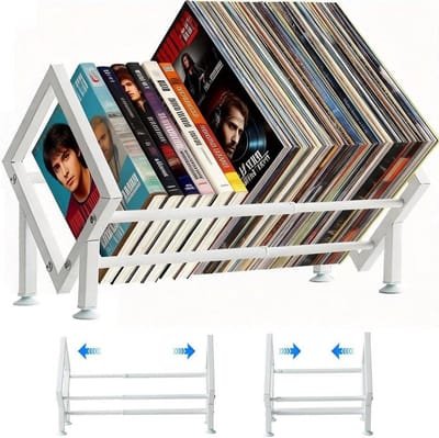 Platenstandaard Metaal - Vinylhouder Uittrekbaar - Platen Ordenen - Verstelbaar M-Ontwerp - 29-48.5 cm - Wit