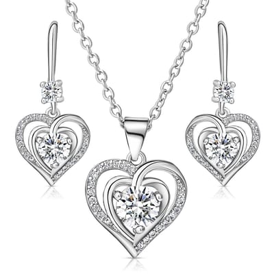 Juwelium Hart in Hart Ketting en Oorbellen Set Verstelbaar 41 tot 46 cm met Parelwit Zirkonia Kristallen in Luxe Sieradendoos – Perfect Cadeau voor Vrouw, Vriendin, Moeder, Dochter