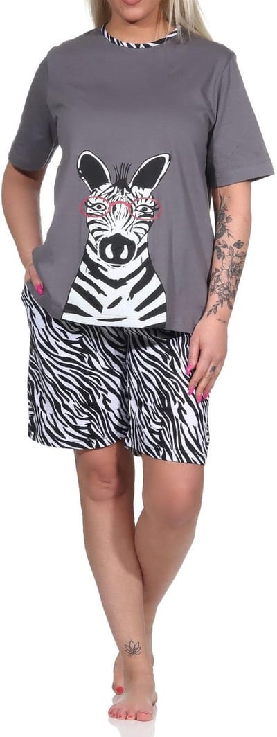 Leuke dames shorty pyjama met korte mouwen en zebra motief, broek met dierenprint look