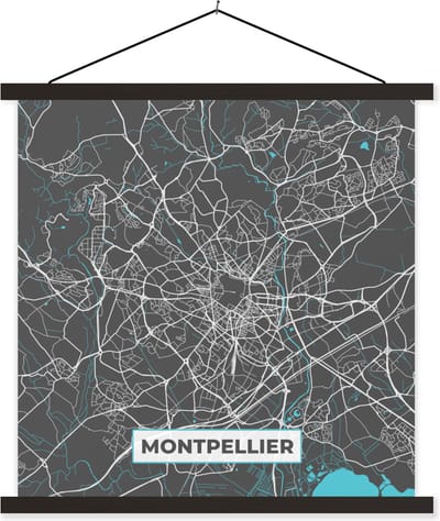Posterhanger incl. Poster 60x60 cm - Schoolplaat - Montpellier - Kaart - Plattegrond - Stadskaart - Frankrijk - Textielposter - Zwarte latten - Stadskaart