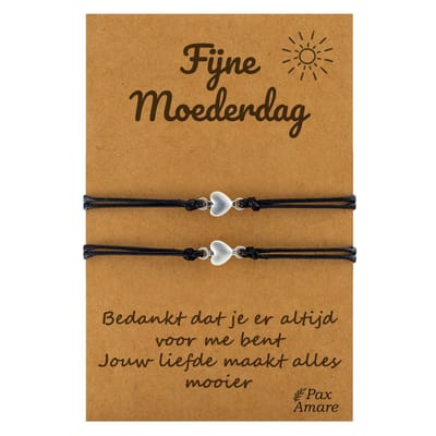Moeder Dochter Armbandjes voor 2 "Fijne moederdag" - Kleine Hartjes - Moeder Kind Armbandjes met Cadeau Kaartje - Zwart & Zilverkleurig - Elastisch Verstelbaar - Pax Amare
