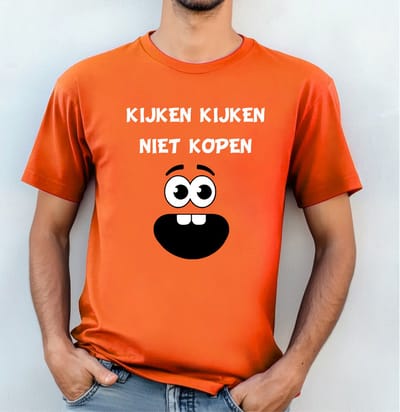 Oranje Heren T-shirt-Koningsdag T-shirt maat S- kijken kijken niet kopen. vlooienmarkt-rommelmarkt shirt- kleedjesmarkt.