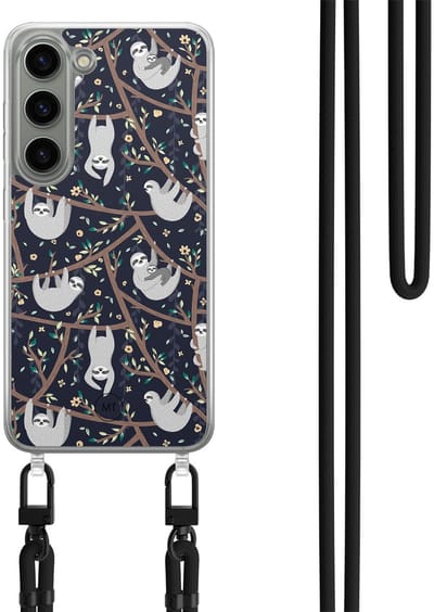 Hoesje met koord geschikt voor Samsung Galaxy S23 - Luiaard print - Inclusief Zwart koord - Crossbody beschermhoes - Transparant, Beige - Mooie Telefoonhoesjes