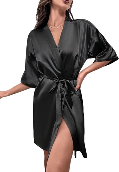 Livano Satijnen Badjas Dames - Kimono - Kamerjas - Satijn - Ochtendjas - Pyjama - Zwart - Maat S