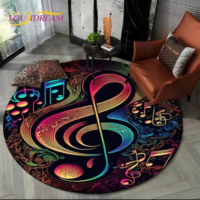 Cartoon Kleurrijke Muzieknoot Muziekpartituur Rond Tapijt Vloerkleed voor Woonkamer Slaapkamer Kinder Speelkamer Decor, Huisdieren Vloerkleed Antislip Mat Diameter 60cm