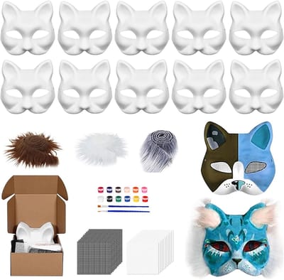 Ynkkvre - Lege Kattemaskers - Biologisch Afbreekbaar Papierzellulosemateriaal - Lichtgewicht & Duurzaam Voor Langdurig Dragen - 10 Stuks - Creatief Knutselen Voor Kinderfeestje Wit