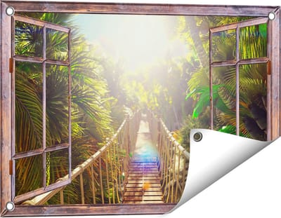 Gards Tuinposter Doorkijk Houten Brug in de Tropische Jungle - 60x40 cm - Tuindoek - Tuindecoratie - Wanddecoratie buiten - Tuinschilderij