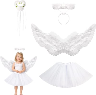 Schattige meisjes engel kostuum met witte tutu rok, toverstaf, vleugels en halo voor Halloween, kerst, cosplay en feestjes