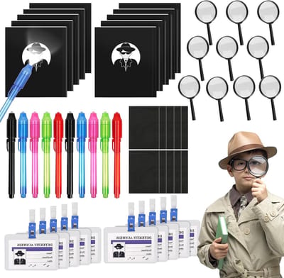 Detective set kinderen - 50 stuks speelgoed uv-pen vergrootglas - cadeautje van Identiteitskaart - speelgoedset voor speurneuzen.
