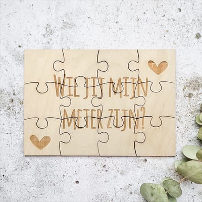 Wil jij mijn meter zijn? - Meter vragen - Houten puzzel A5 in linnen zakje