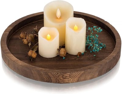 Famanu – Houten tray met kaarsenhouder - rond - kleine rustieke trays voor salontafel - ottoman of tafeldecoratie - multifunctioneel