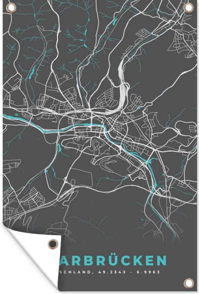 Muurdecoratie Duitsland – Blauw – Saarbrücken – Stadskaart – Kaart – Plattegrond - 120x180 cm - Tuinposter - Tuindoek