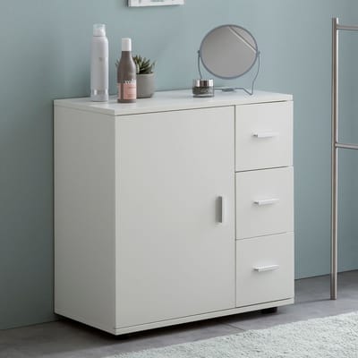 Witte Kast - Midi Kast met Deur & Laden - Kleine Matte Zijkast - Smalle Vrijstaande Badkamerplank - 60x65,5x33 cm