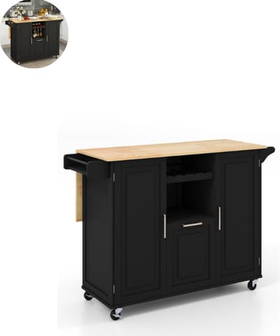 Keukeneiland - Verplaatsbaar - Keukenkast - Dressoir - Organizer - Kasten - Houten Werkblad - Zwart