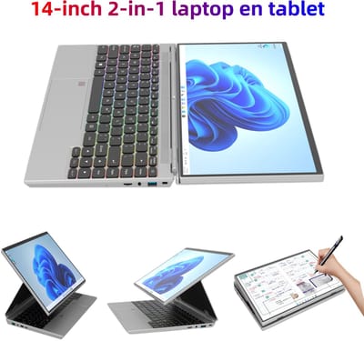 14" Touchscreen Laptop, Intel N5105, 16GB RAM, 1TB SSD, RGB Regenboog Backlit Toetsenbord met Ronde Toetsen, Vingerafdruksensor, 180° Klapbaar, Ingebouwde Standaard, IPS 1920x1200, 92% Schermrandloos – Windows 11