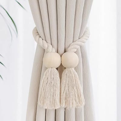 Embrasses de rideaux magnétiques en bois massif tissé à la main, style bohème, idéales pour le salon, la chambre à coucher, la décoration de la maison white