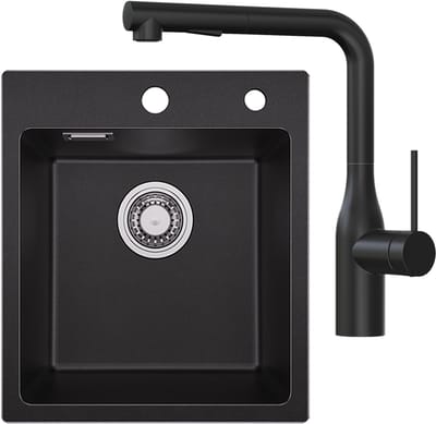 SOFETIY MAX Granieten spoelbakken 40*45cm - Spoelbak Keuken Met Keuken Kraan - Gootsteen Met Waterafvoersysteem - Wasbak Keuken - Zwart