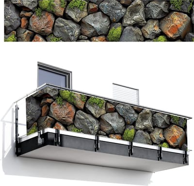 Balkonscherm 500x110 cm - Balkonposter Steenlook - Mos - Grijs - Groen - Balkon scherm decoratie - Balkonschermen - Balkondoek zonnescherm