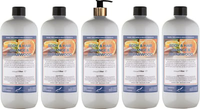 Body & Hair Sweet Orange & Cedarwood 1 liter met gouden pomp - set van 5 stuks - 2 in 1 voor lichaam en haar - voordeelverpakking