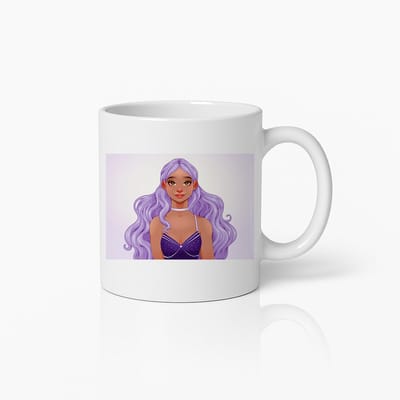 Stijlvolle Illustratie van Vrouw met Paarse Haar Mok – Trendy Koffiebeker voor Kunst- en Designliefhebbers