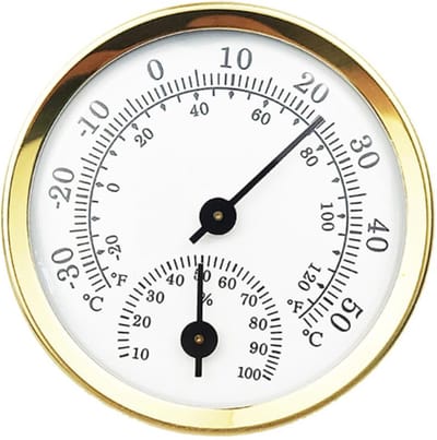 Sauna Hygrothermometer - Hygrothermometer - Luxe Sauna Thermometer & Hygrometer - Wijzerthermometer - Welzijn Accessoires - Temperatuurmeter - Luchtvochtigheidsmeter - goud - 58mm - Niet geschikt voor batterijen - voor Binnen - Cadeau