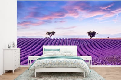 Behang - Fotobehang Lavendel - Natuur - Paars - Bomen - Bloemen - Breedte 320 cm x hoogte 240 cm