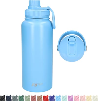 Thermos drinkfles 1 liter met extra dop - Isolerende Waterfles met draaibare drinktuit - Voor zowel warme als koude dranken! - Drinkfles 1L voor volwassenen met handvat - Afgewerkt met Poedercoating - Lichtblauw