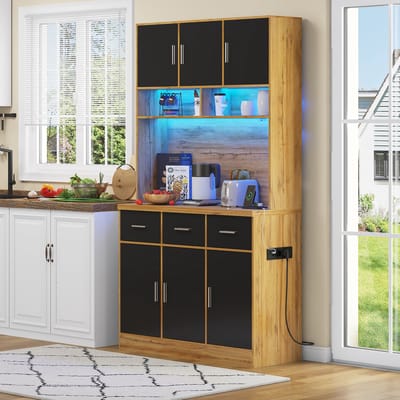 Wishdor Keukenkast - Met Ledverlichting Met App-Bediening - 3 Lades En 6 Deuren - Kabeldoorvoer - Met Stopcontact En 2 Usb-Aansluitingen - Mdf - Naturel Zwart - 100 X 40 X 180 Cm