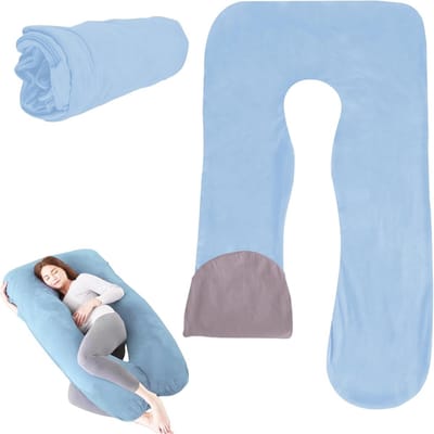 U-vormige zwangerschapskussenhoes van katoen, vervangbare en machinewasbare kussenhoes, 140 x 80 cm (Blauw + Grijs) voor optimaal comfort en ondersteuning