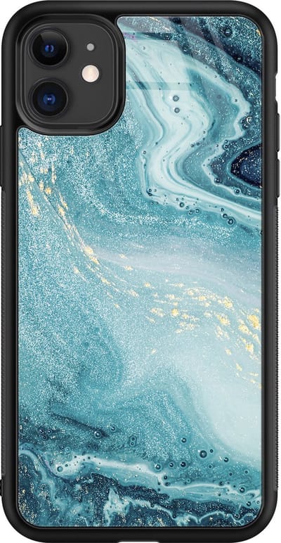 Hoesje geschikt voor iPhone 11 - Marmer blauw - Luxe Glazen Hardcase - Marmer - Blauw - Leuke Telefoonhoesjes