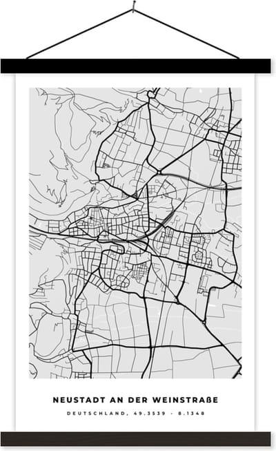 Posterhanger incl. Poster 40x60 cm - Schoolplaat - Plattegrond - Duitsland - Neustadt An Der Weinstraẞe - Kaart - Stadskaart - Textielposter - Zwarte latten - Stadskaart