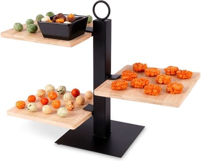 Etagère Bamboe met 3 Verdiepingen met Kom 32x32x26,5 cm - Serveertoren - Taartplateau - Cupcakestandaard - Taartstandaard