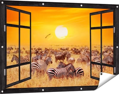 Gards Tuinposter Doorkijk Kudde Zebra's bij een Oranje Zonsondergang - 120x80 cm - Tuindoek - Tuindecoratie - Wanddecoratie buiten - Tuinschilderij