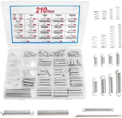 Dailygoods- Trekveren - 210 Stuks - Kleine Spiraalveren - Drukveren - Torsieveren - Roestvrijstalen Metalen Veren - Set voor Doe-Het-Zelf Projecten