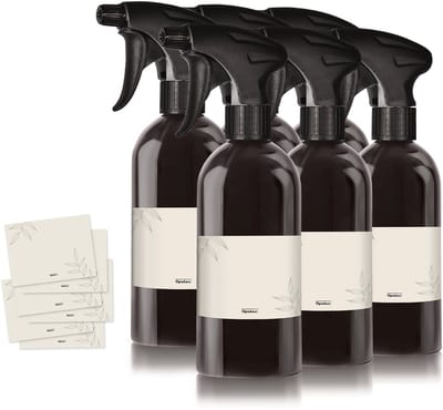 Oputec 6 x 500 ml sprayflessen – zwarte kunststof flessen met verstelbare sproeikop & etiketten – hervulbaar & lekvrij