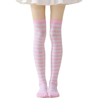Warm Houdende Kleurrijke Gestreepte Sokken Zweet Absorberend Japanse Stijl Gestreept Lange Sokken Zoet Sexy Knie Dij Hoge Sokken One Size white