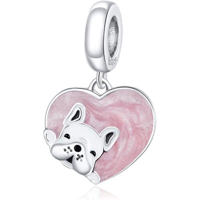 Fler® | Bedel | Past op populaire bedelarmbanden (standaard - 3mm) | Hond Hart Bedel | Hangbedel Charm | 925 sterling zilver | Roze & Zwarte emaille | Valentijnsdag Cadeau | Sinterklaas kado | Kerstcadeau | Verjaardagsgeschenk | Vriendschap