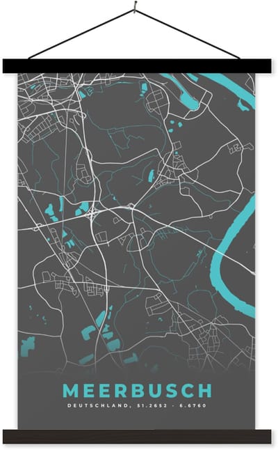 Posterhanger incl. Poster 120x180 cm - Schoolplaat - Blauw – Duitsland – Plattegrond – Stadskaart – Kaart – Meerbusch - Textielposter - Zwarte latten - Stadskaart